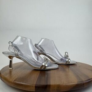 New Womens Aldo Cindie Slingback Silver Rhinestone Bow Heeled Sandals Size 10 M